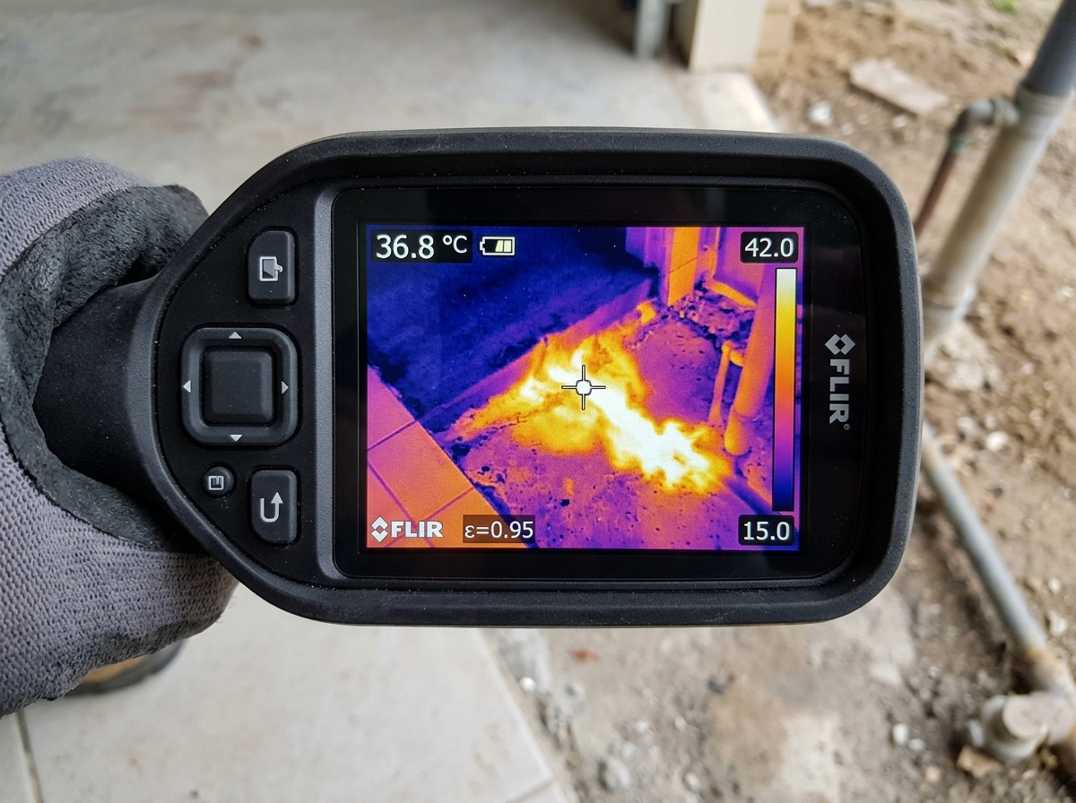 Thermal imaging scan showing hot water slab leak heat plume