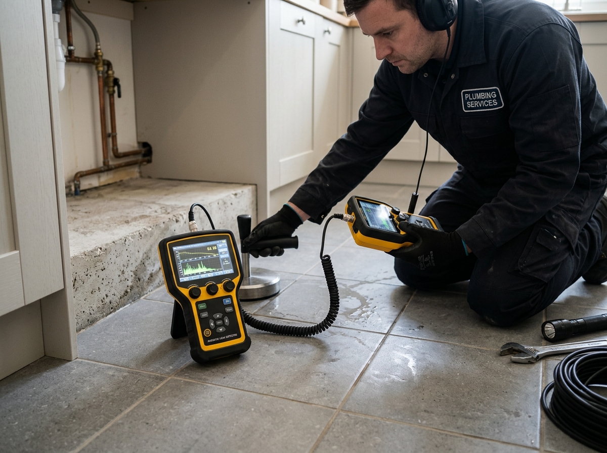 Plumber reviewing digital report with homeowner on tablet